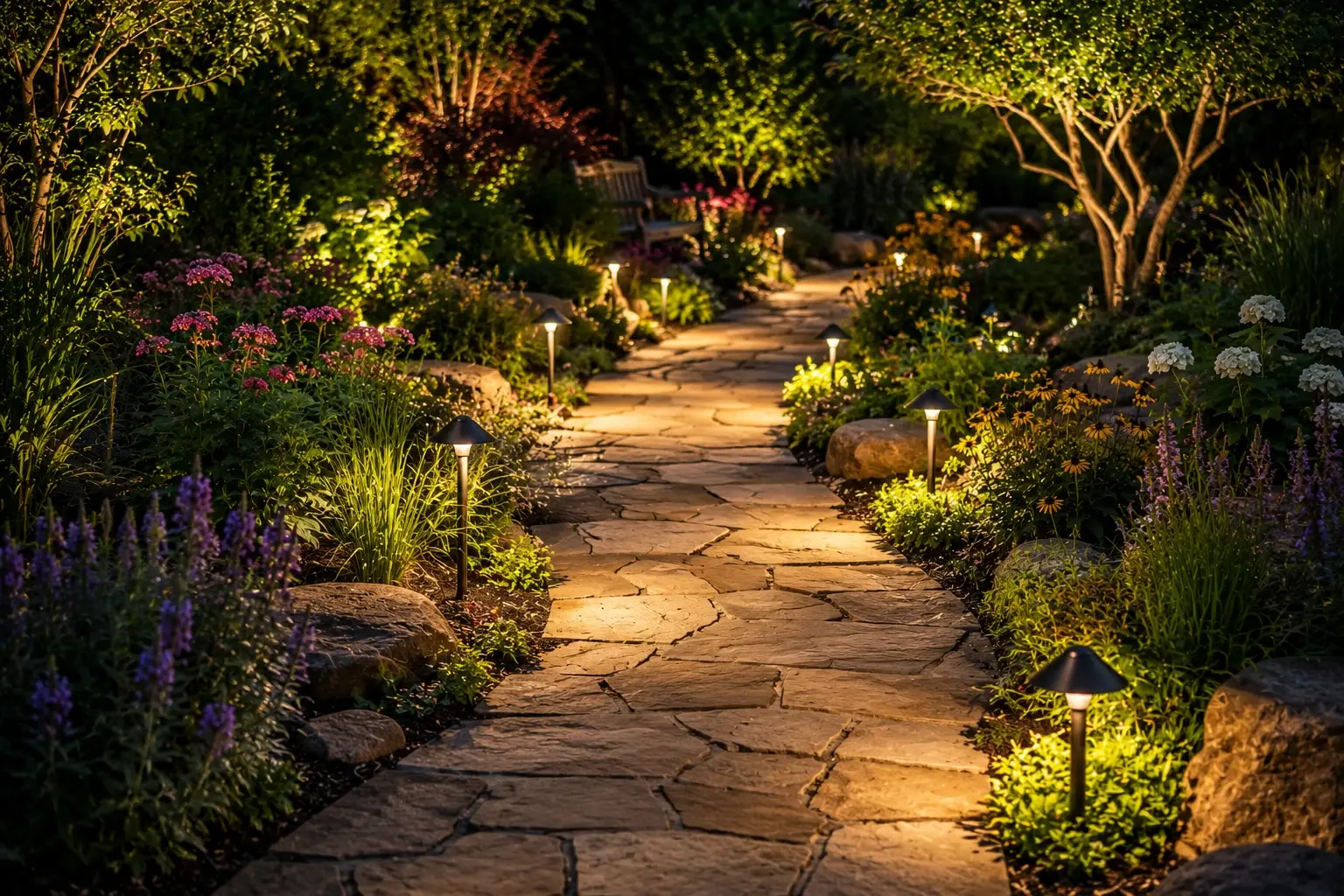 Austin limestone home before and after landscape lighting